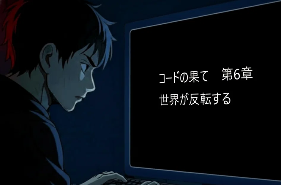 イラスト小説「コードの果て」ディスプレイに表示された謎のメッセージに驚くカイトの画像。「コードの果て」で検索！