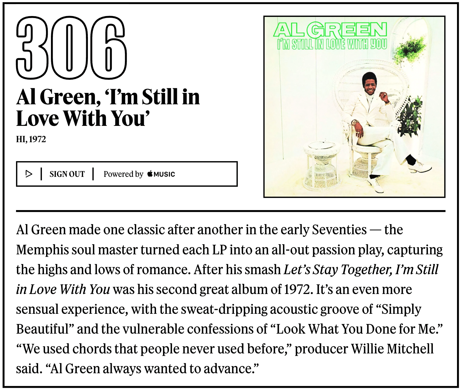 306位：アル・グリーン『I'm Still in Love With You』｜「歴代最高の