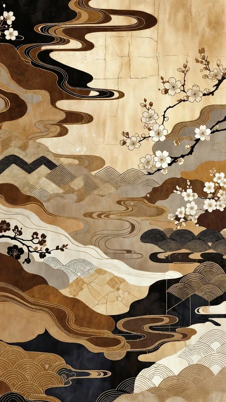 琳派の様式を現代的に再構築したような、装飾的な風景画。金色の背景を基調とし、流れる水を表現した観世水文様や、同心円状の青海波が層を成しています。茶、黒、ベージュの落ち着いたアースカラーで構成された山並みに、白く繊細な桜の花枝が添えられ、伝統的な意匠と現代的なテクスチャが融合した高精細な表現になっています。