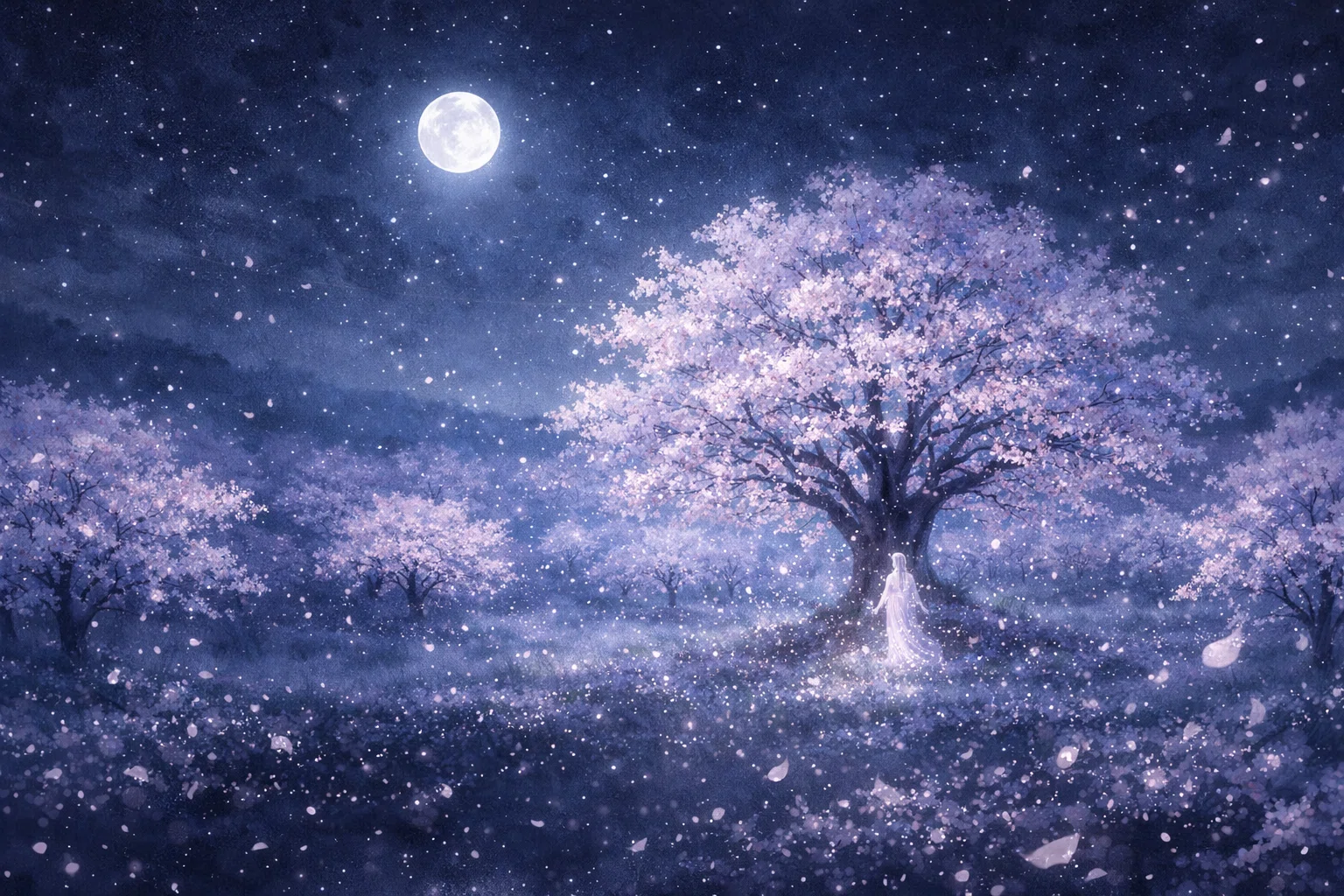 夜にだけ咲き誇る千本桜の世界/桜の精霊と輝く花々｜sc_fun｜AI×note