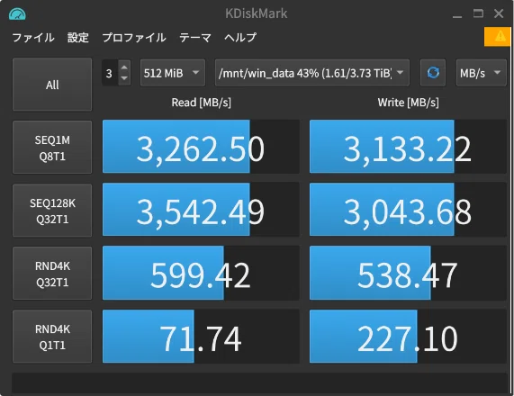 Linux KDiskMark SSDベンチマーク結果画面