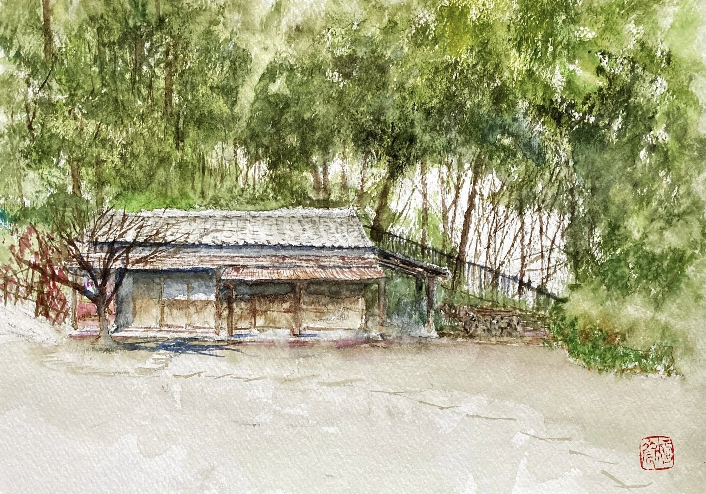 水彩画163】民家園：茶室と納屋：憩いの場所、公園内の民家園にある