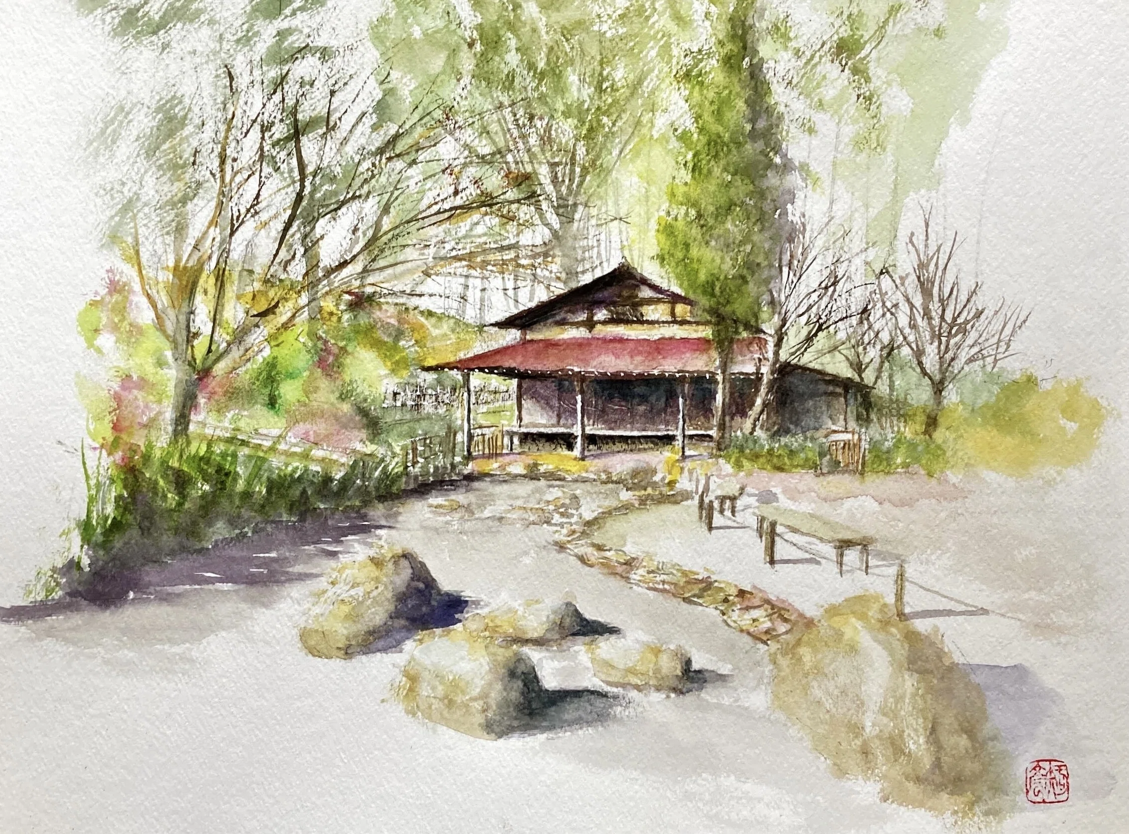 絵画　茶室用 水彩画163】民家園：茶室と納屋：憩いの場所、公園内の民家園にある