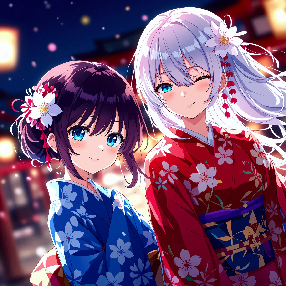 赤と青の着物を着た2人の女性のアニメイラスト