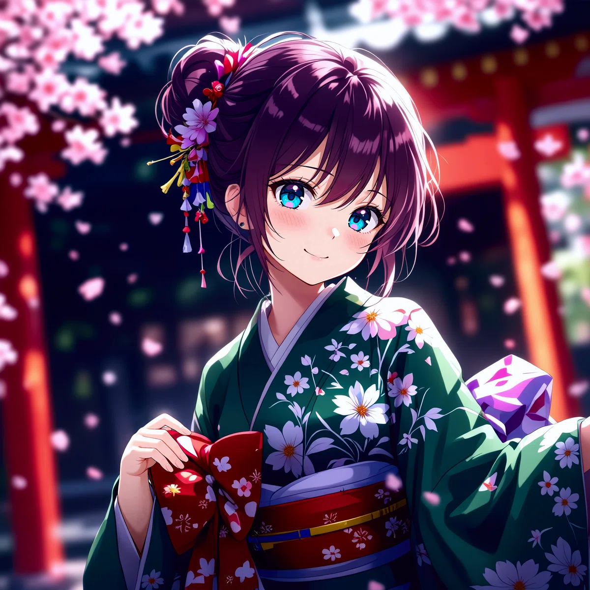 桜の前で緑の着物を着たアニメ少女イラスト