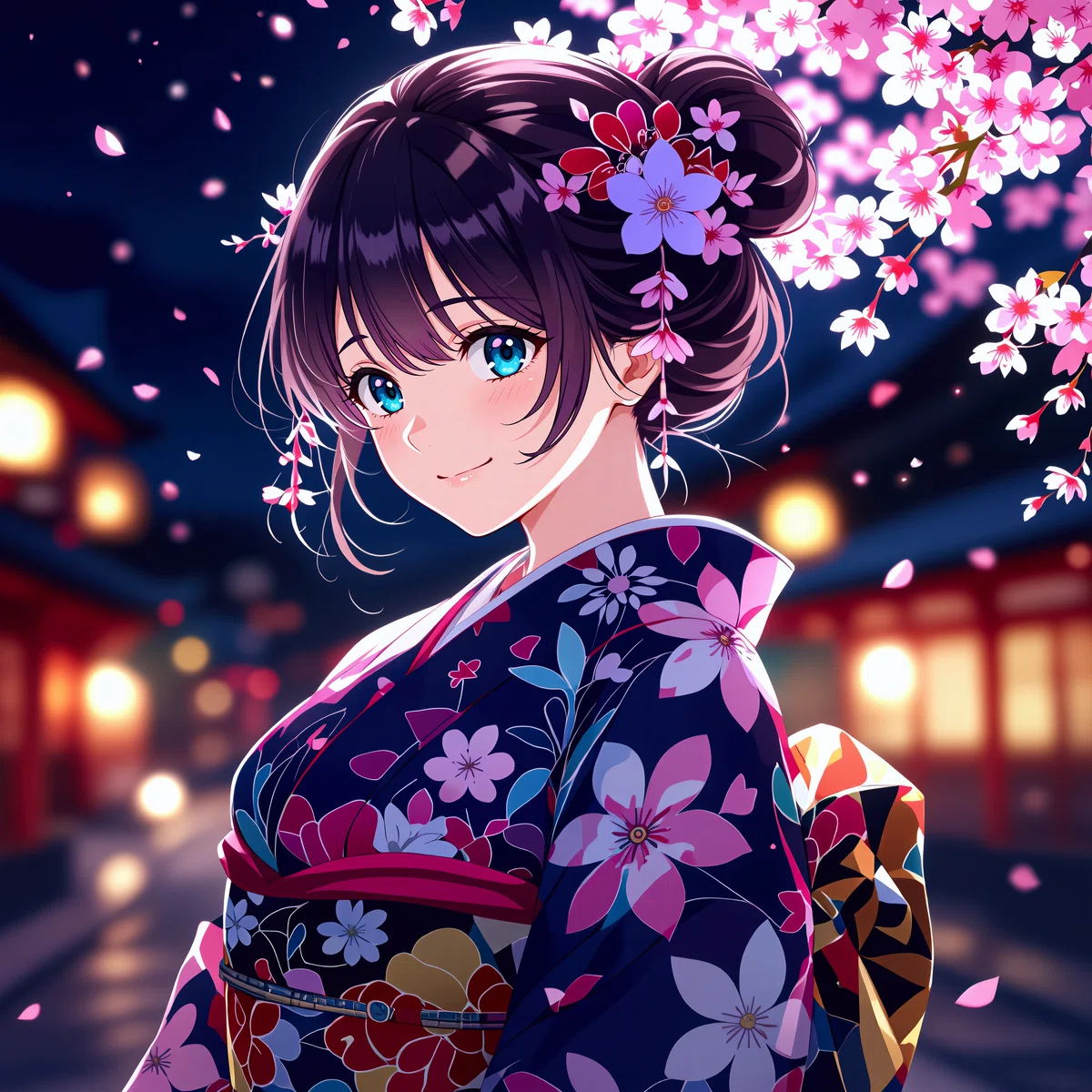 黒い着物を着た女性と桜のアニメイラスト