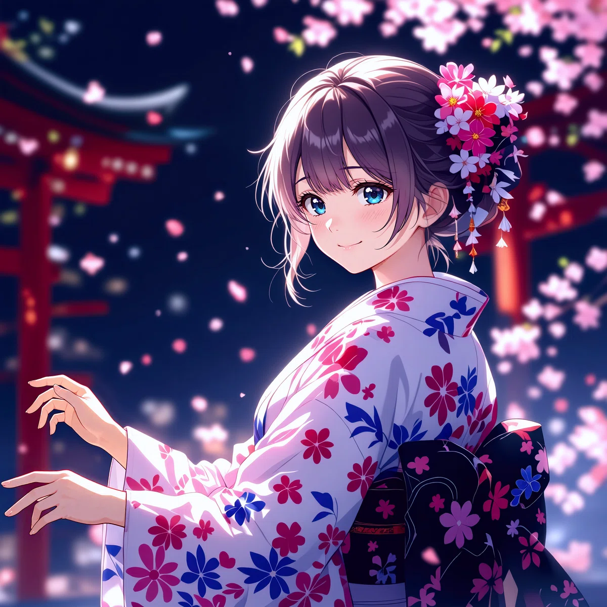 白い着物を着た女性と桜のアニメイラスト