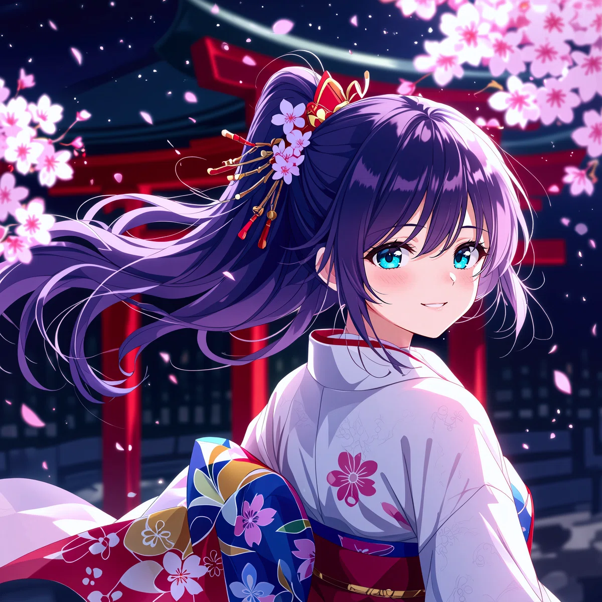 白い着物を着た紫色の髪の女性と桜のアニメイラスト