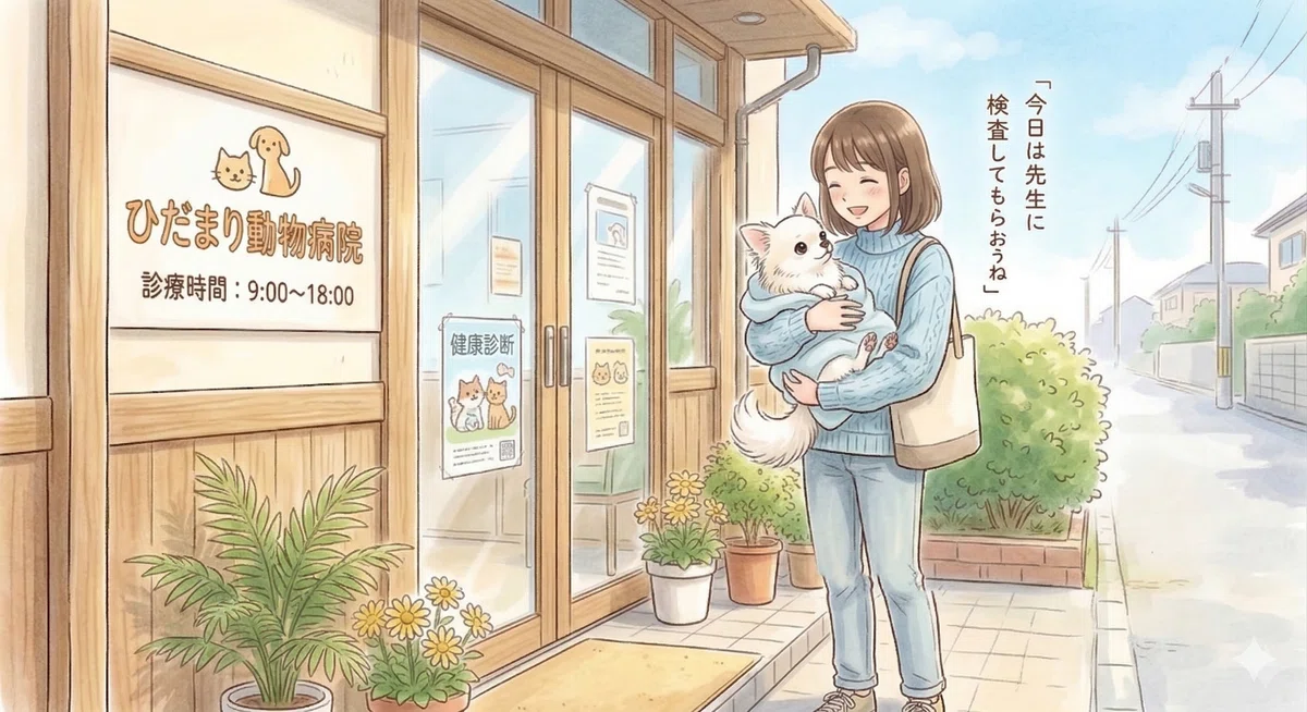 かかりつけの「ひだまり動物病院」の前で、愛犬(チワワ)に「今日は先生に検査してもらおうね」と声をかける飼い主のイラスト。一般的な健康診断や定期検診に訪れる日常の風景。