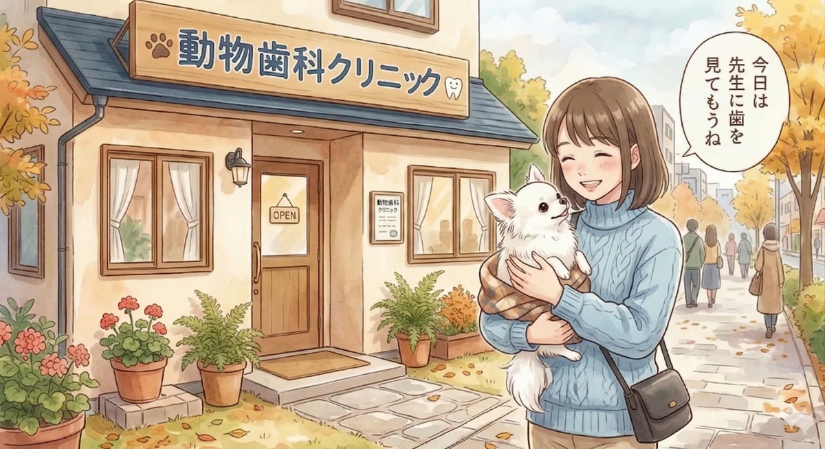 「動物歯科クリニック」の前で、愛犬(チワワ)に「今日は先生に歯を見てもらうね」と声をかけ、専門医の診察に向かう飼い主のイラスト