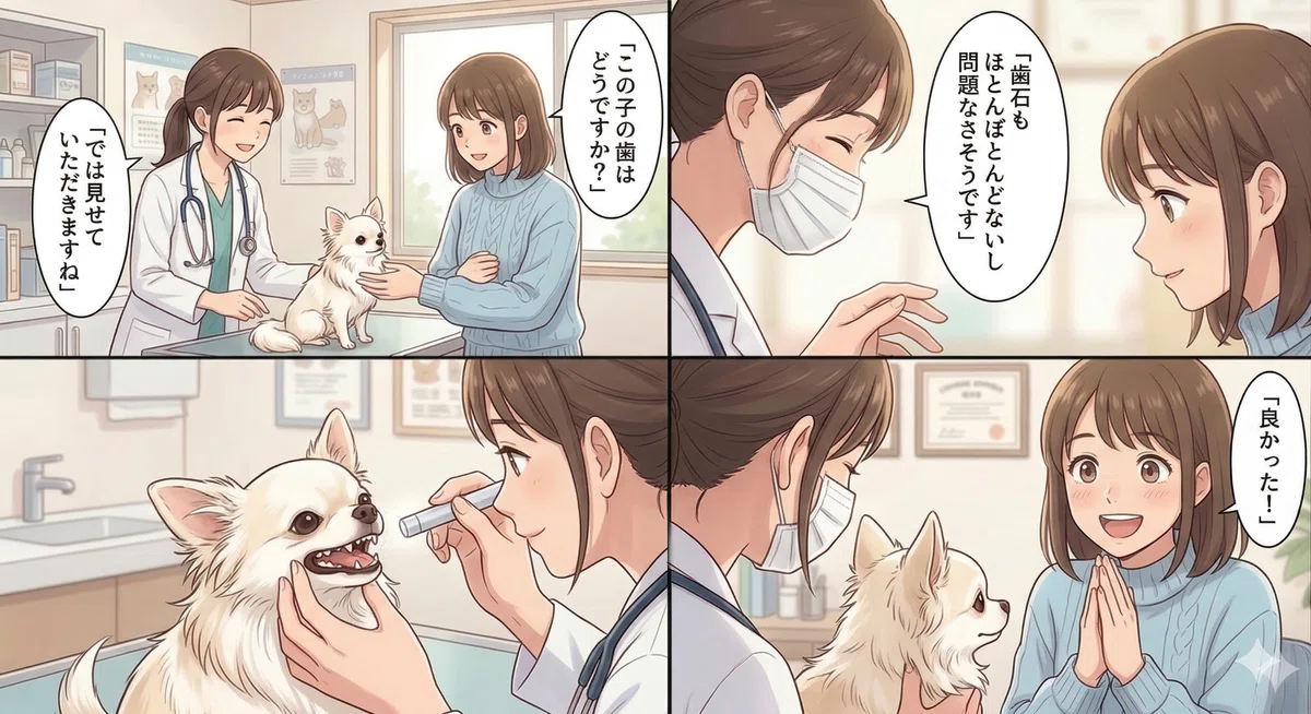 かかりつけの動物病院での視診の様子を描いた漫画。獣医師に愛犬(チワワ)の口内を見てもらい、「歯石もほとんどないし問題なさそうです」と言われて飼い主が安心してしまう、見た目だけの診断(よくある勘違い)のシチュエーション。