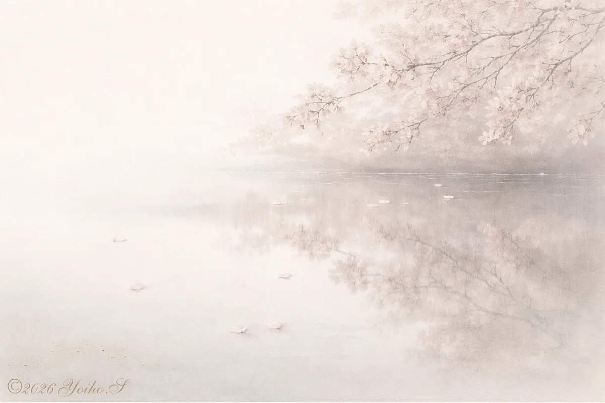 湖面に映る桜と湖畔の桜