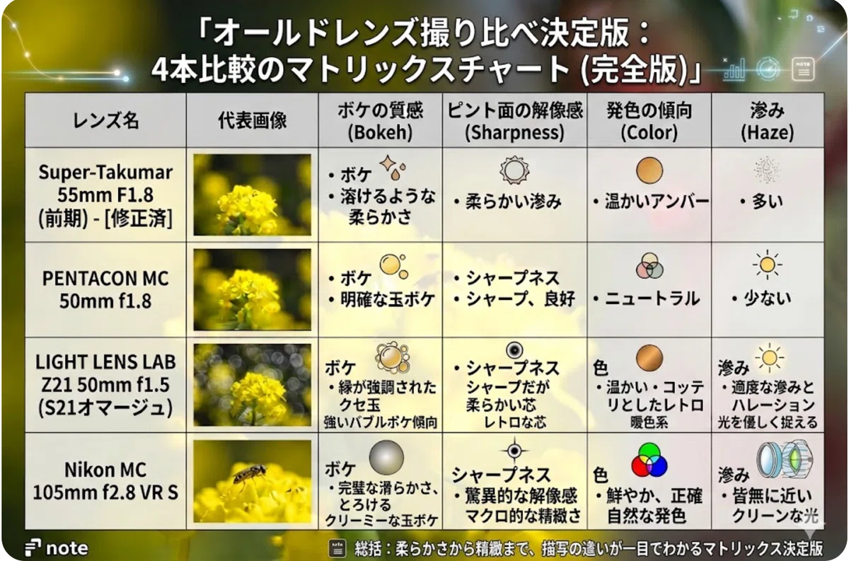 仙姿玉質 夢の4本撮り比べ：オールドレンズ、オマージュ、現代マクロ、それぞれ