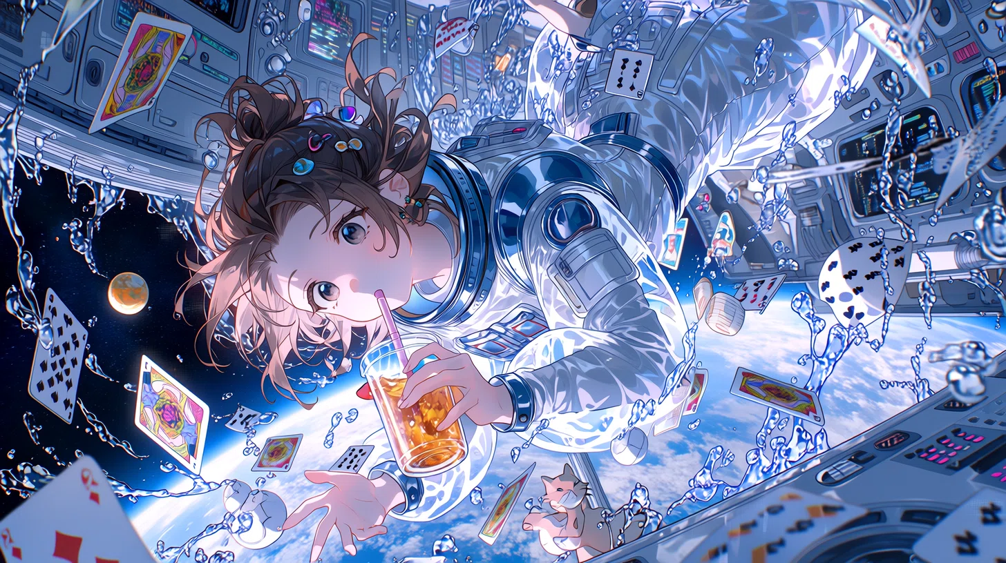 無重力でティータイムしてみた。宇宙船の中のイラスト。｜AIイラスト