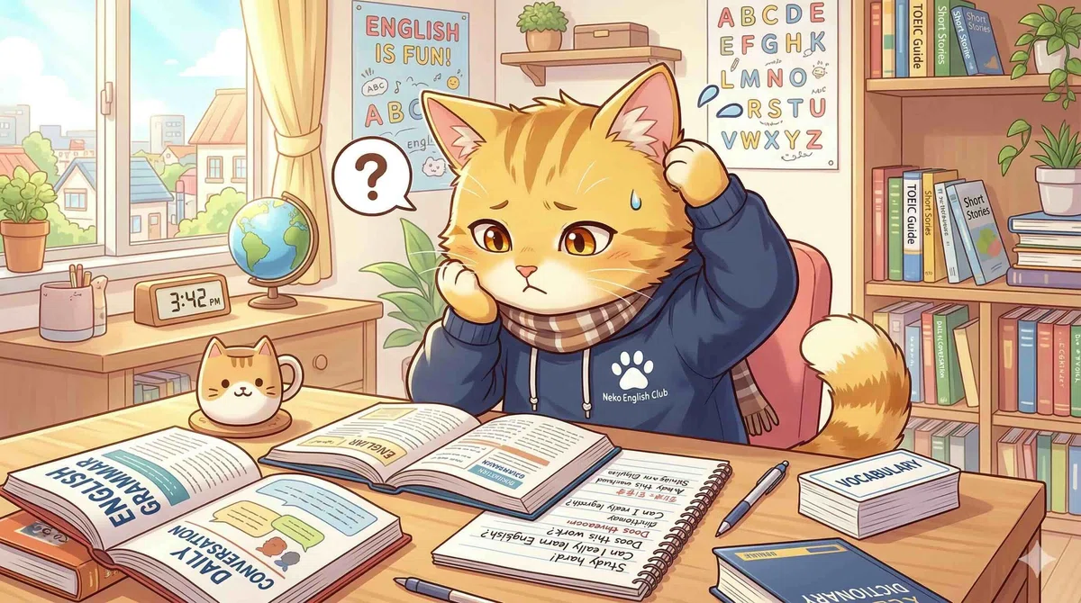 英語学習による効果を感じているのか悩むインニャンコ