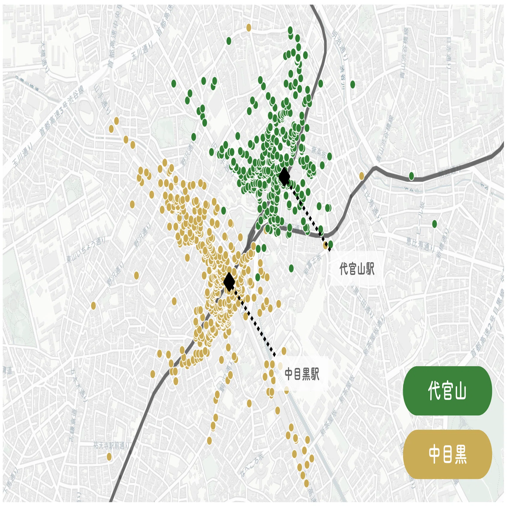 地名の「勢力図」を可視化してみた。中目黒vs代官山、博多vs天神…勝者
