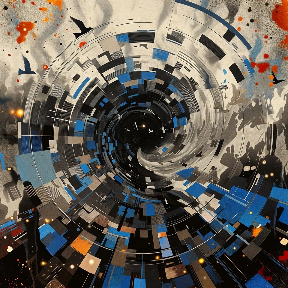 中心に向かって青、黒、グレーの幾何学ブロックやラインが渦（ボルテックス）を形成するグラフィック作品。周囲には飛翔する鳥のシルエットや、オレンジと黒の絵の具のスプラッシュ（飛沫）、人の影が描かれている。