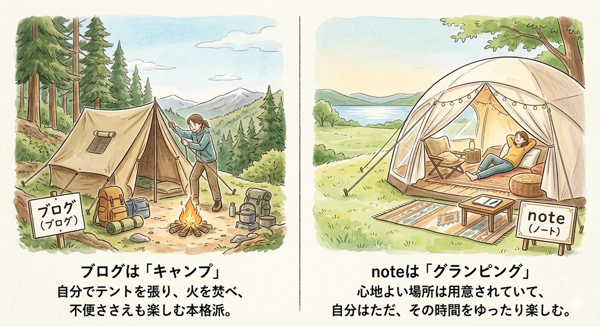 noteとブログの違いのイラスト