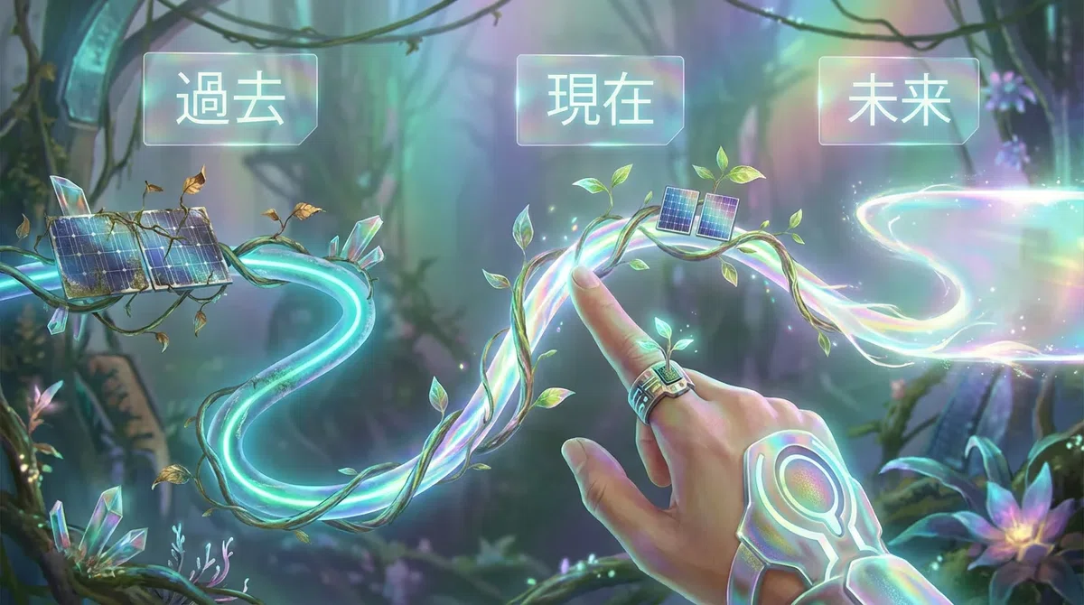 時間の3つの形態を描いた図解。過去はすでに描かれた筆跡、未来はまだ線が引かれていない空白、現在は線の上をなぞる指。