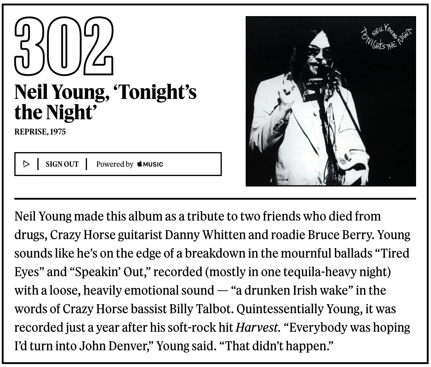 302位：ニール・ヤング『Tonight's the Night』｜「歴代最高のアルバム