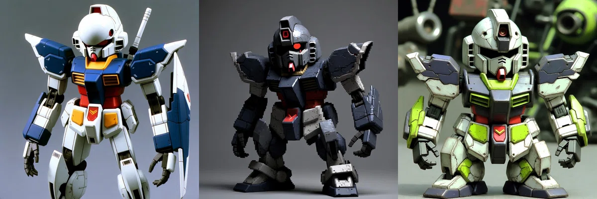 低クオリティーのモビルスーツAIアートの三連図。左：白基調の青赤黄のトリコロールのガンダム風。ヘルメットが丸く大きく顔が極端に小さい。いびつで腕と脚が細い。中央：全身灰色でガンダム的なデザインだが等身はSD、肩のせりだし、腕の長さと外湾がややジオン系水陸用を思わせ、頭と顔はガンダム的だが眼は赤いモノアイが中央からずれた位置でじっとこちらを見つめる。右：SD等身で白基調のガンダム風だが、灰色のプレートの合間に黄緑のアーマーがあり、ザクと交じり合ったようなキメラのいびつさを醸し出している。