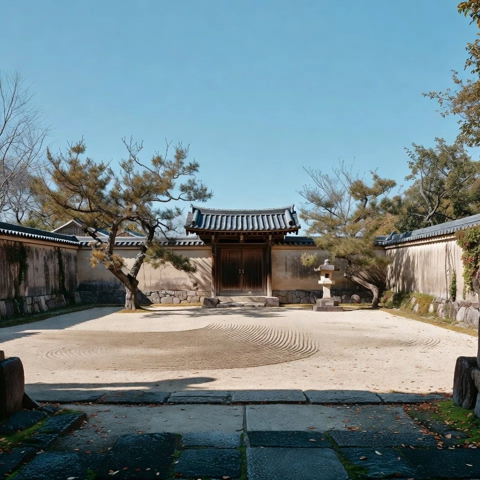 日本の伝統的な美意識と禅の精神を象徴する、枯山水の庭園。苔むした石畳（現実世界）から、砂紋が描かれた白い砂の庭（精神世界）を眺める構図。松の木と石灯籠が時の流れと不動を表し、瓦屋根の門がさらなる奥深さへの入り口となっている。静寂と秩序が保たれた、瞑想的な空間。