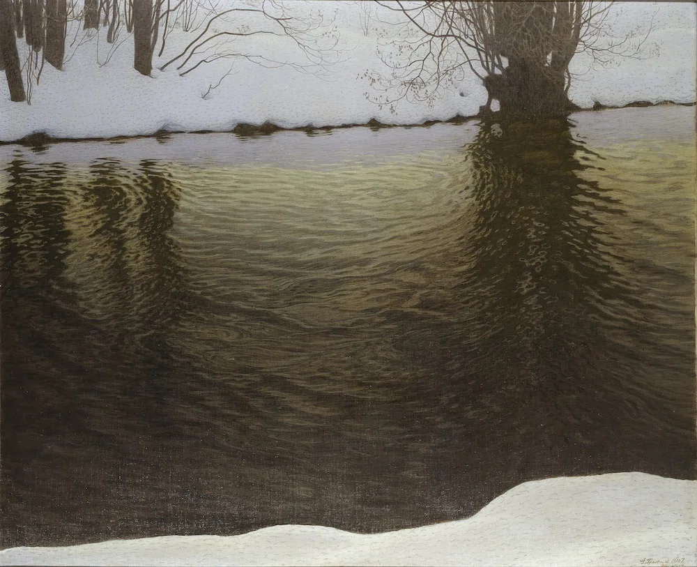 スウェーデン絵画」展出品作⑪ グスタヴ・フィエースタード《川辺の冬