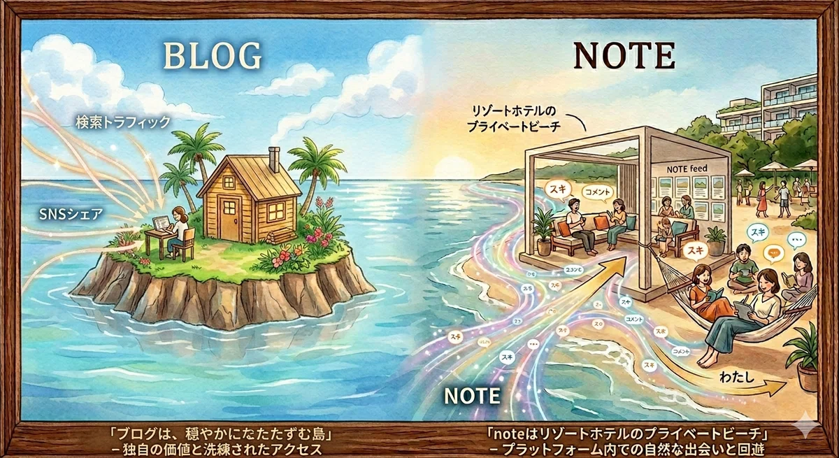 noteとブログの違いのイラスト