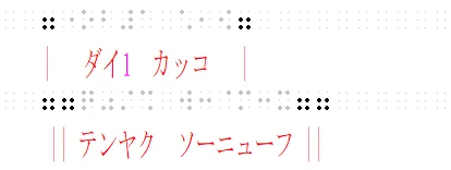 第1カッコは,丨で始まり,丨で終わる。点訳挿入符は,丨丨で始まり,丨丨で終わる。