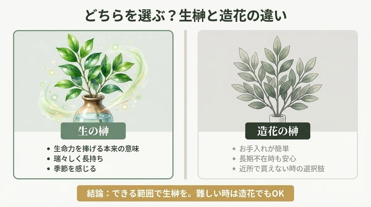【プロが教える】榊と神棚の基本|飾り方・交換時期・造花の是非まで丸わかり|高嶺の榊|富士の麓の榊農家