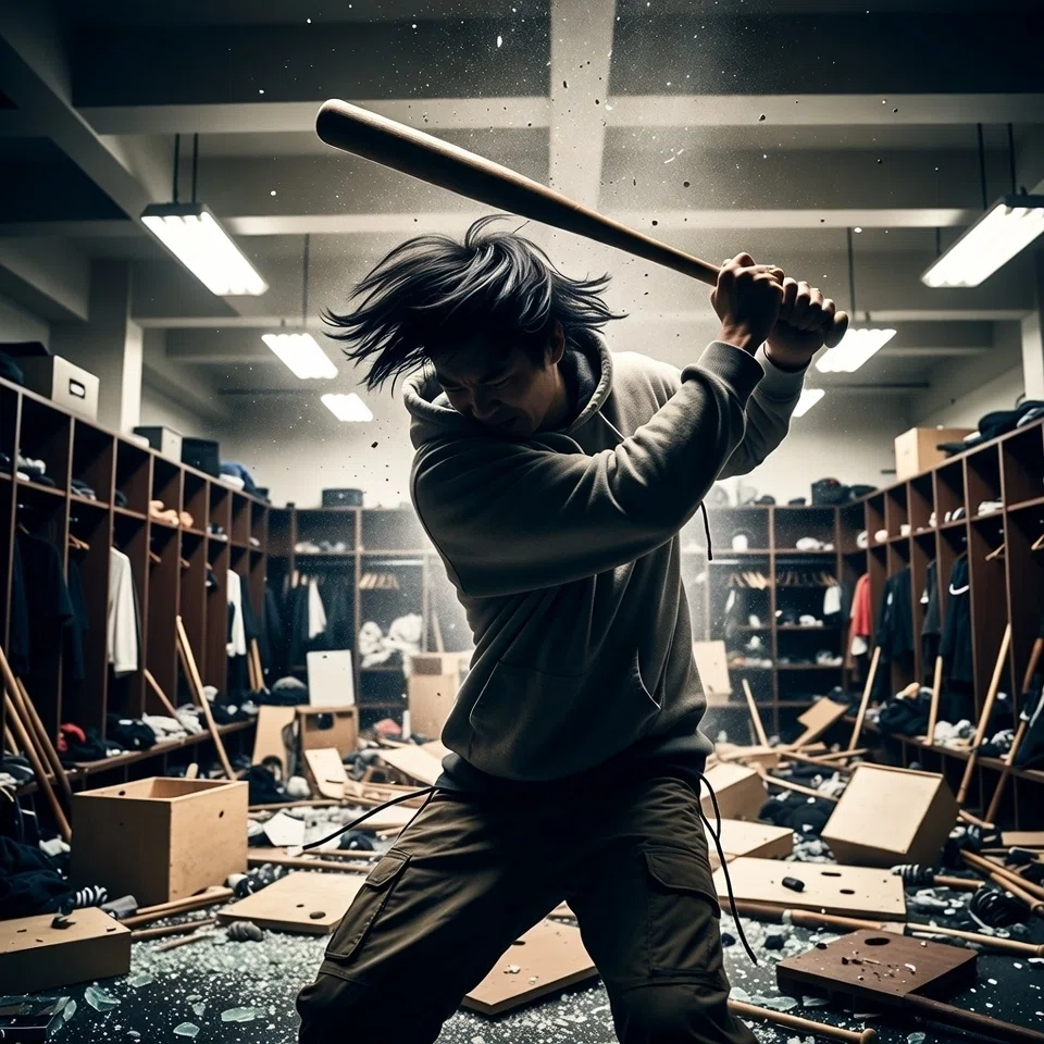 野球場のクラブハウスがめちゃくちゃに荒らされ、30代の長髪でフードを着た日本人男性がバットを振り回している。
