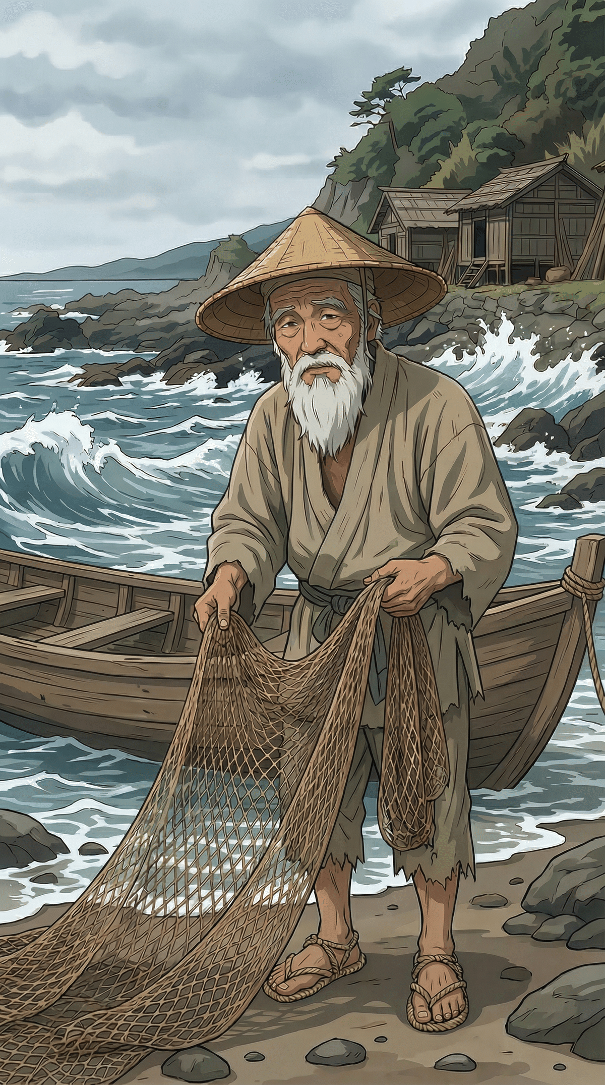 【１９９１年】漁師と魚の手描き絵画　油絵 76 地引網 The Net That Welcomes You In 波打際スケッチ Sketches of