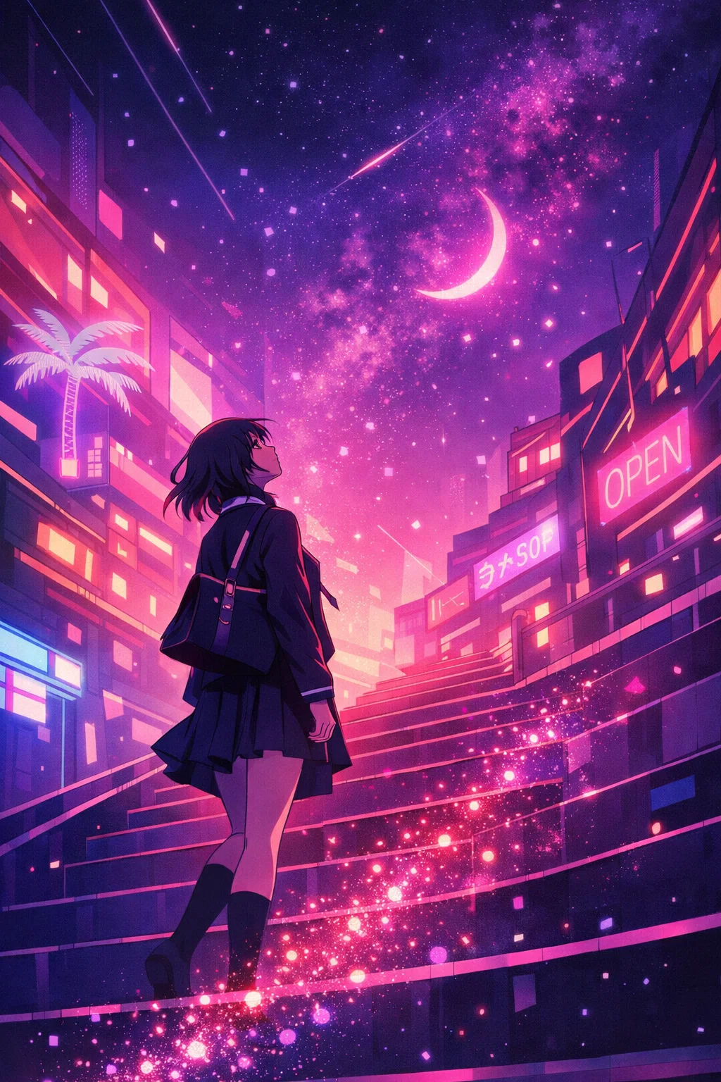未来の階段で、空を見上げる少女──3つのビジュアルが語る都市の詩