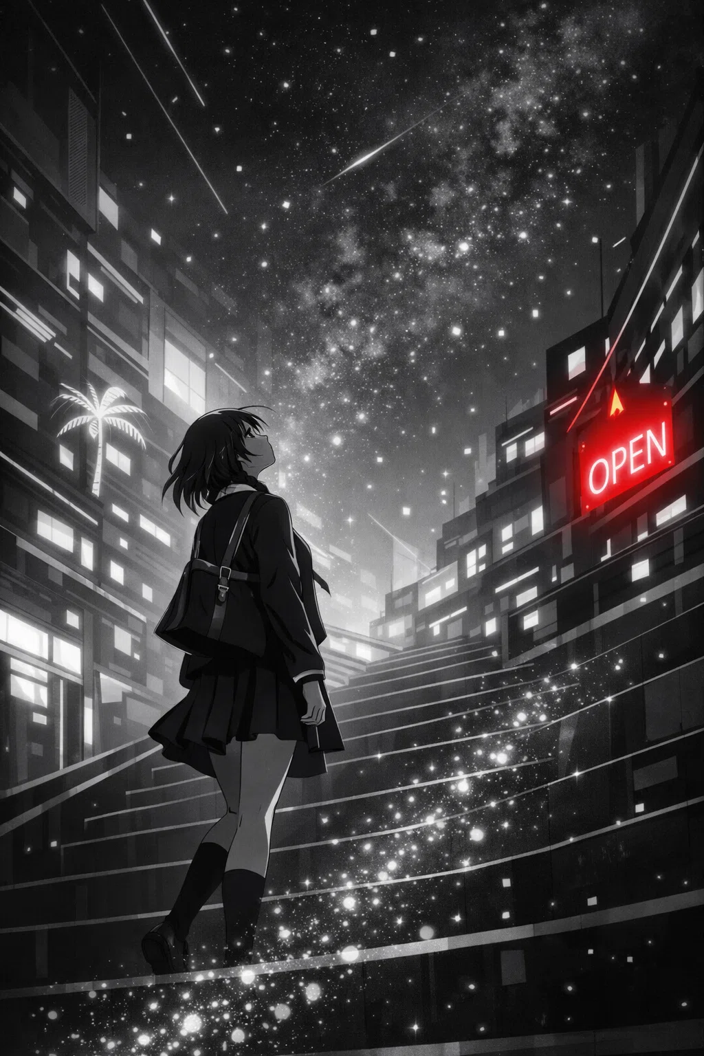 未来の階段で、空を見上げる少女──3つのビジュアルが語る都市の詩
