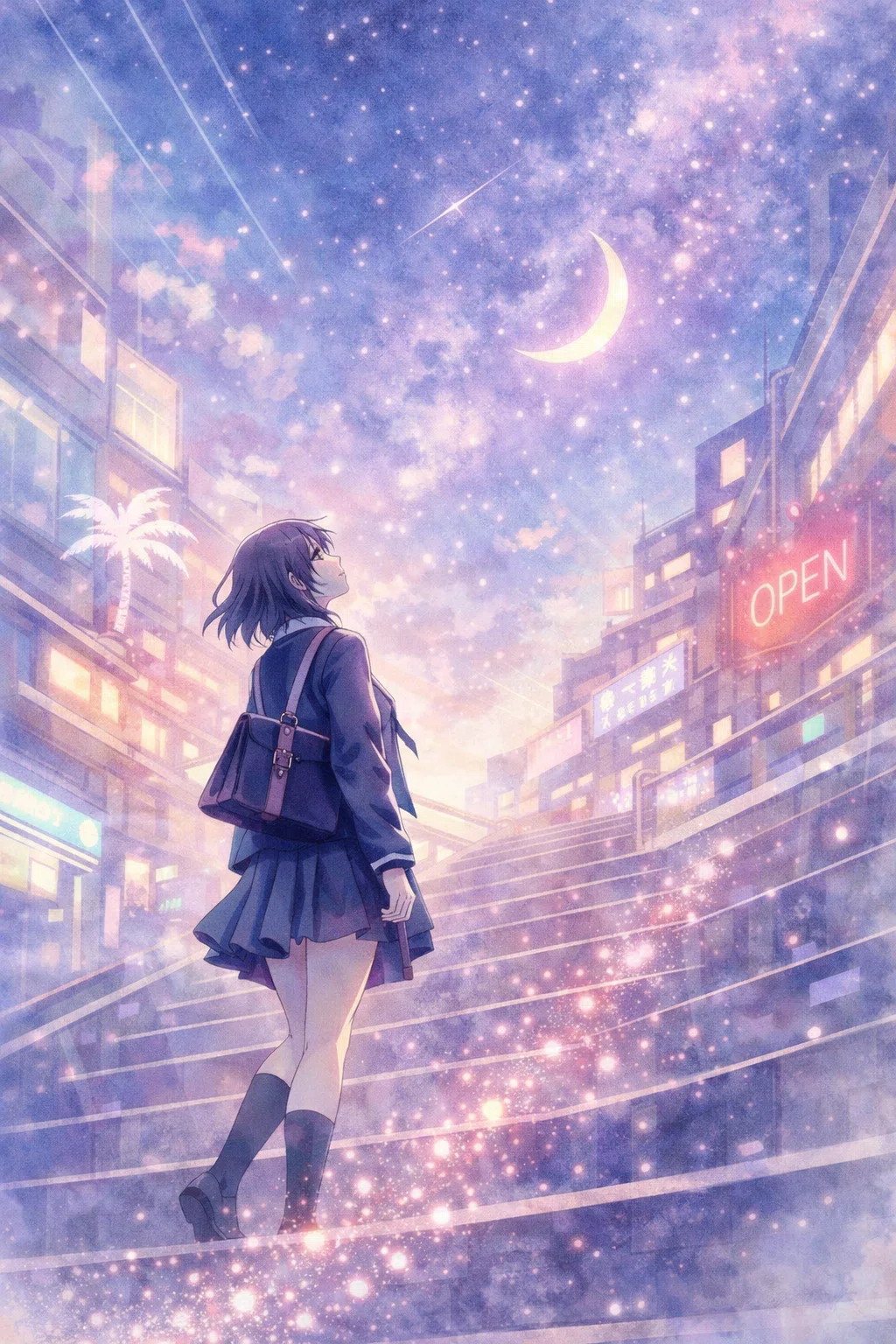 未来の階段で、空を見上げる少女──3つのビジュアルが語る都市の詩