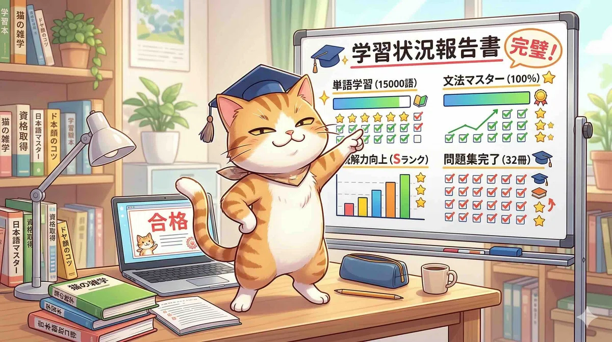 今までの学習状況をドヤ顔で報告するネコ