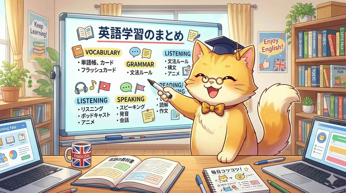 英語学習に関する話をまとめる金色ネコ