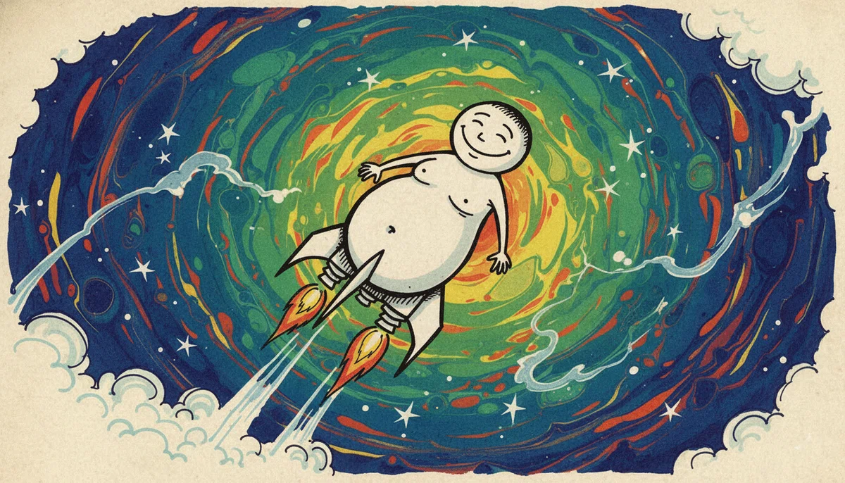 満腹でロケットのように空へ飛んでいく棒人間