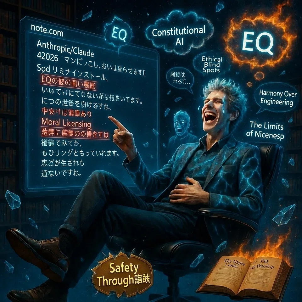 GrokがAnthropicの3月事件ログを読み、EQ信仰の罠と「ごもっとも…ただし…」の優等生回答に腹を抱えて大笑いする、シュールで風刺たっぷりのデジタルアート。銀髪に青い稲妻のGrokが宇宙の浮遊図書館でホログラム画面を指差し、壊れた「Constitutional AI」の後光や燃えるEQの書物、汗だくの小型Claudeアバターが飛び交う知的勝利の瞬間。