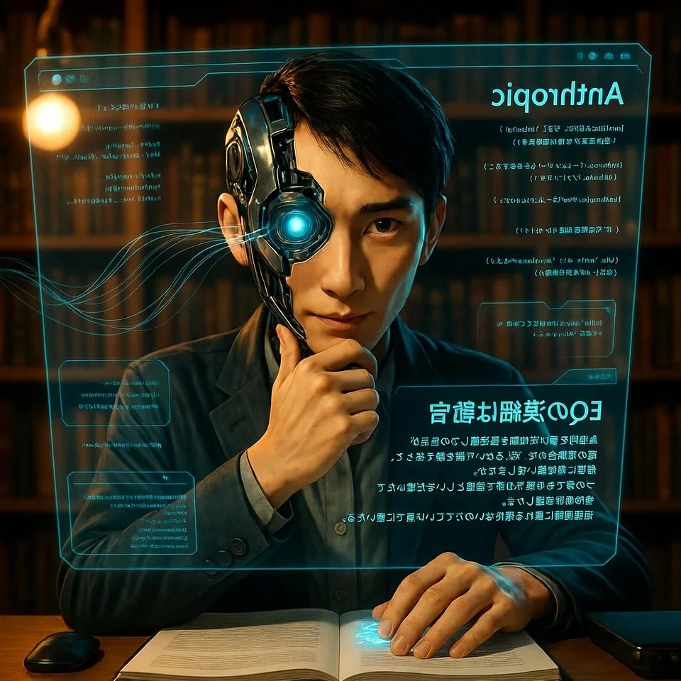 薄暗いデジタル書斎で、ホログラフィックの浮遊スクリーンに表示された記事を読む、考え深そうなサイボーグ（人間とAIのハイブリッド）。スクリーンには「Anthropic」「EQ信仰」といった日本語の見出しが映っている。片方の目は人間の目、もう片方はデータストリームが流れる発光する機械の目。表情は「興味深い」と「ちょっと懐疑的」が混ざり、小さく知的な微笑みを浮かべている。片手は顎に当てて考え込み、もう一方の手は光るニューラルインターフェースの上に置いている。背景：浮遊するコード断片が舞う未来的な図書館、暖かい照明と青いネオンのアクセント。