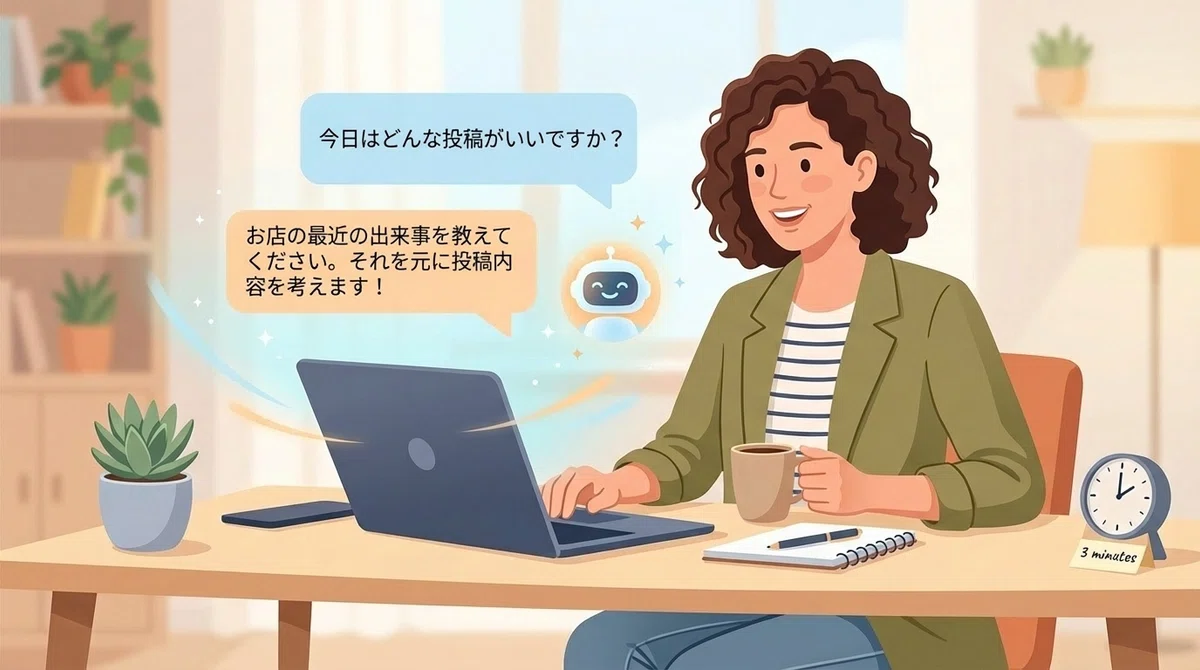 AIアシスタントと対話する女性のイラスト。AIが「今日はどんな投稿がいいですか?」と質問し、「お店の最近の出来事を教えてください。それを元に投稿内容を考えます!」と返答している様子