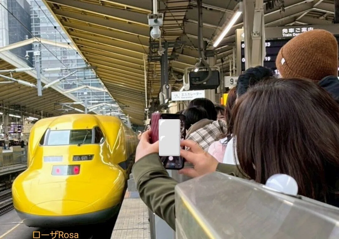 ドクターイエローを撮りたくて詰めかけている人々の画像