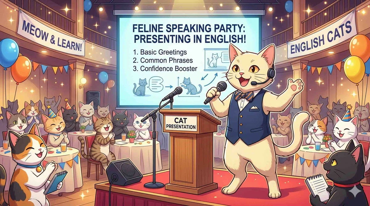 プレゼンで英語を話すネコ