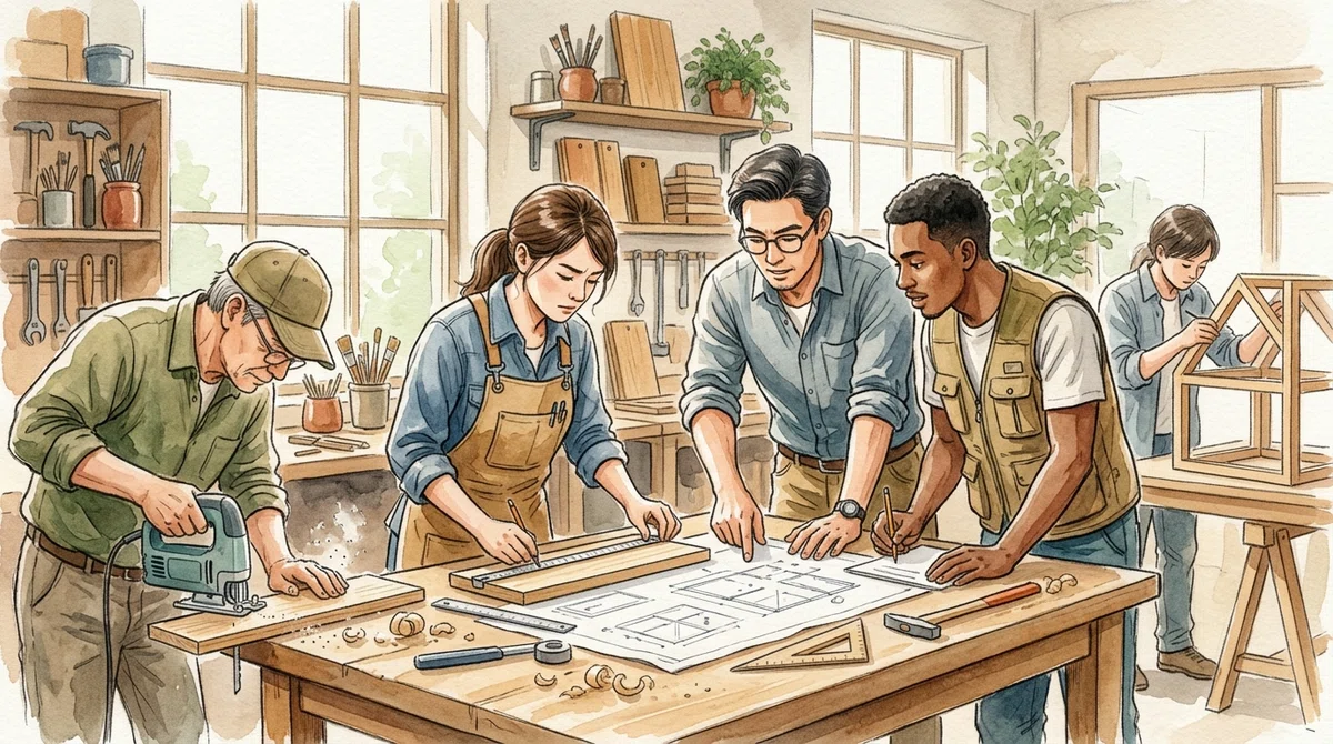 現場で一生懸命働く作業者たちの水彩イラスト。協力しながら真剣に作業に取り組む姿を温かみのある色調で表現
