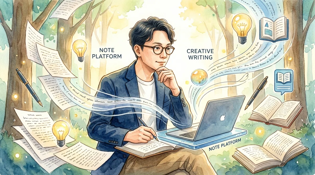 noteで執筆する男性を描いた水彩イラスト。ノートやアイデアが浮遊し、創作への希望と期待が表現されている