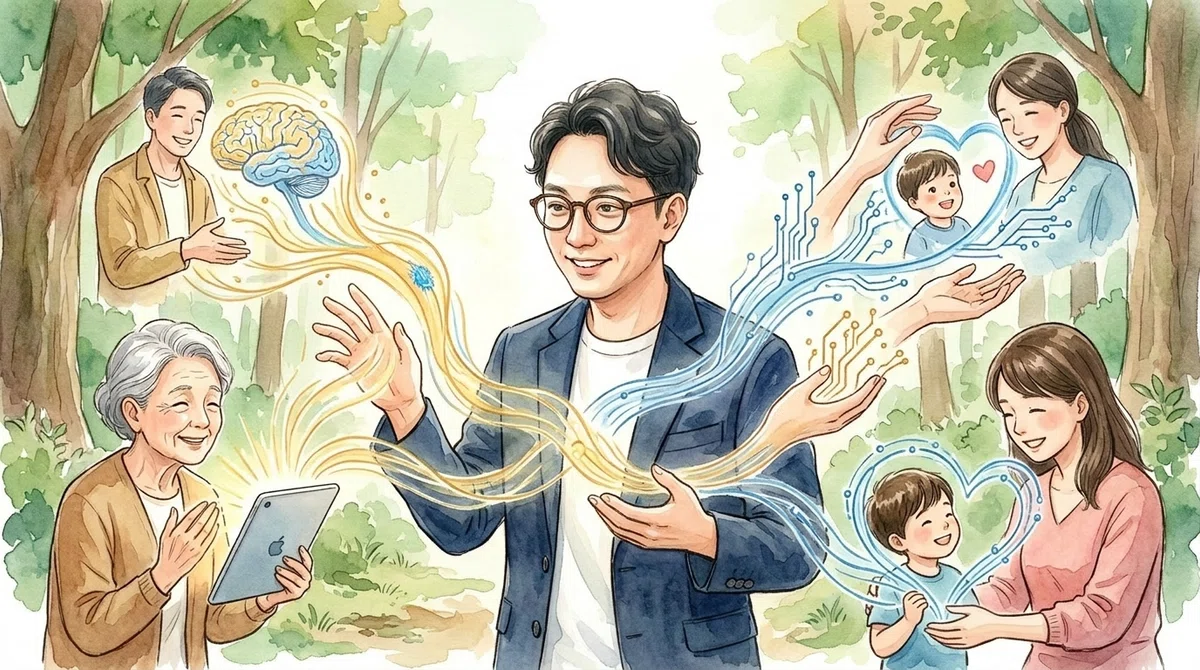 AIと誠実に向き合う男性を描いた水彩イラスト。デジタル技術が人々の心をつなぎ、温かいサポートを届ける様子