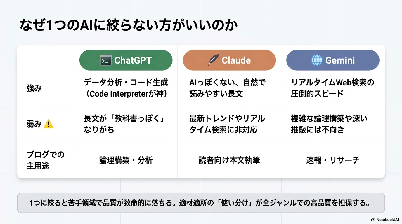 3大AI（ChatGPT・Claude・Gemini）を使い分けてブログ収益を最大化する