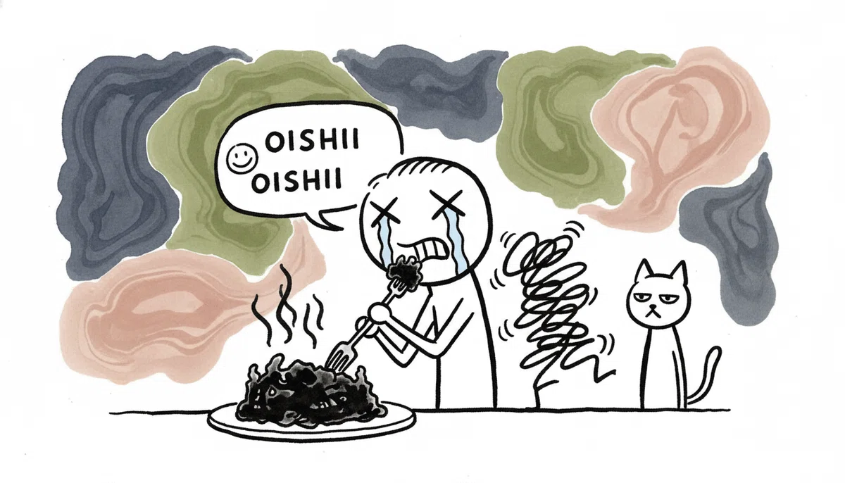 焦げた料理を前に悶絶する棒人間と、冷ややかな目で見つめる猫のイラスト。
