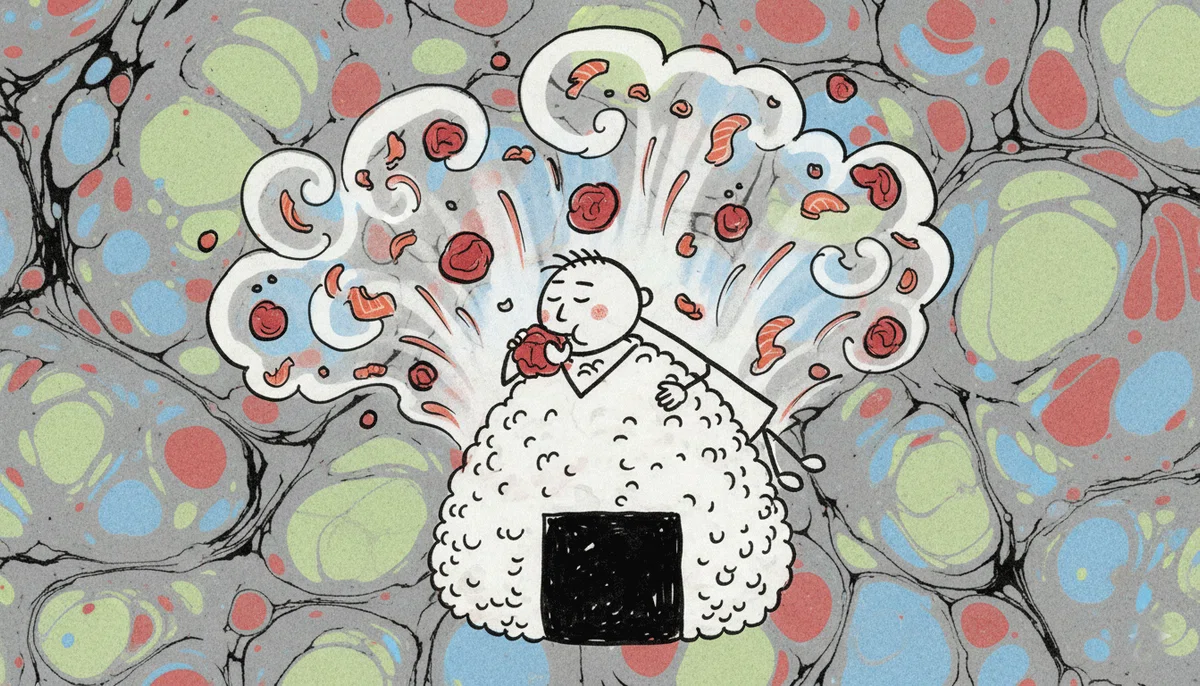 巨大なおにぎりの上で寝そべり、おにぎりをかじる棒人間のイラスト。