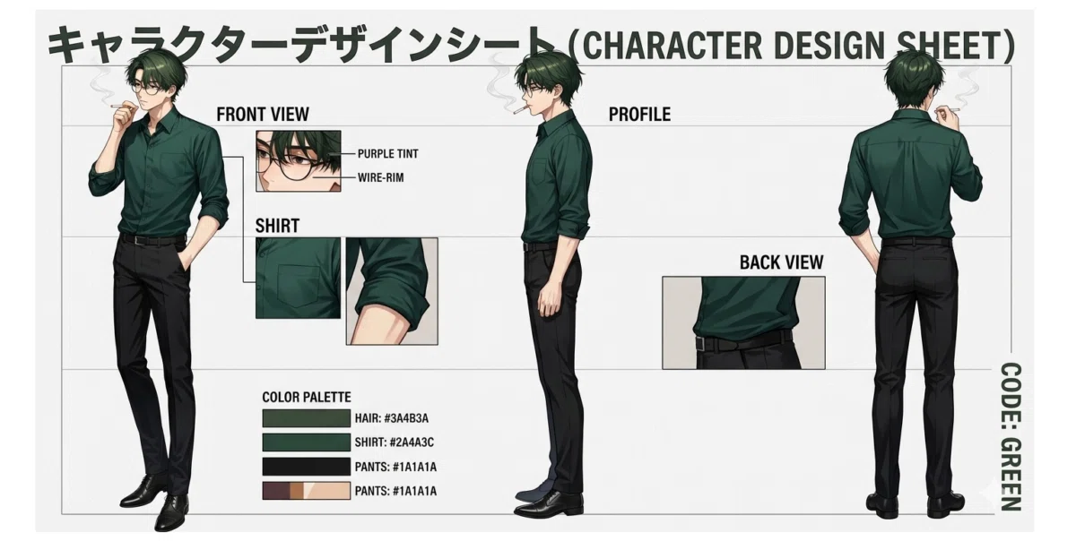 生成されたキャラクターの三面図（キャラクターシート）の画像